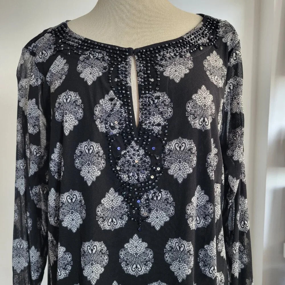 INC Botanical Paisley Black Semi-Sheer Plus Size Woman’s Sequin Top (Size: 2X) - Picture 4 of 12